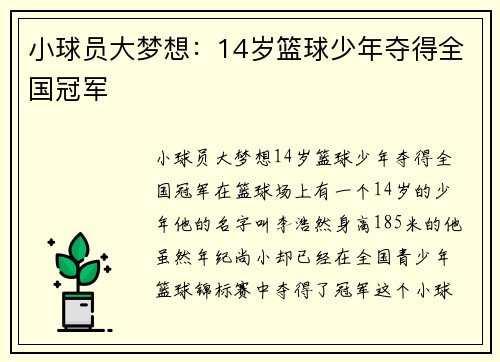 小球员大梦想：14岁篮球少年夺得全国冠军